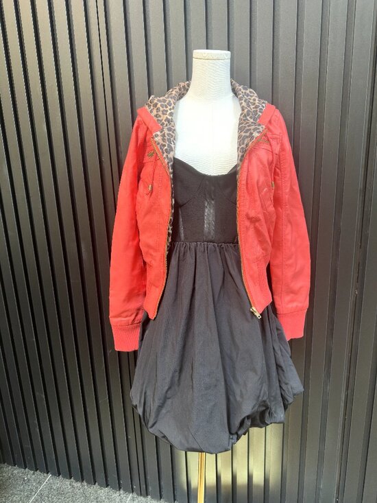 Jackets & Blazers - Red Faux Leather Moto Biker Jacket Gold Studs Dual Zipper Leopard Lining